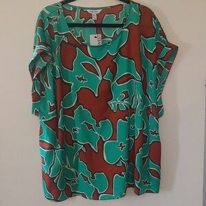 Nine West Boxy Green and Red Blouse